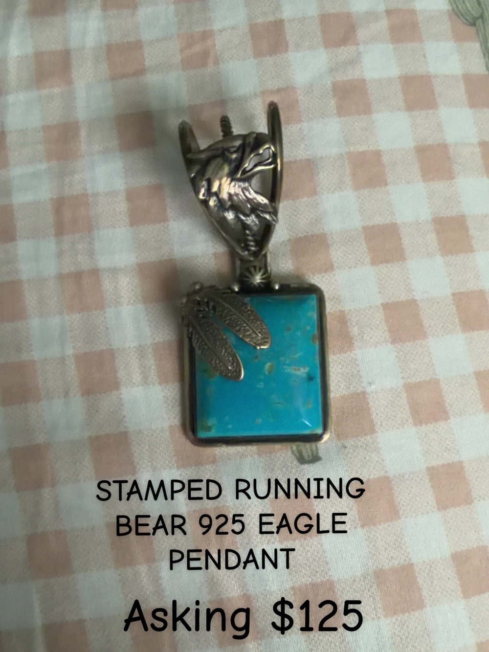 Sterling Silver Turquoise Eagle & Feather Pendant - Blue